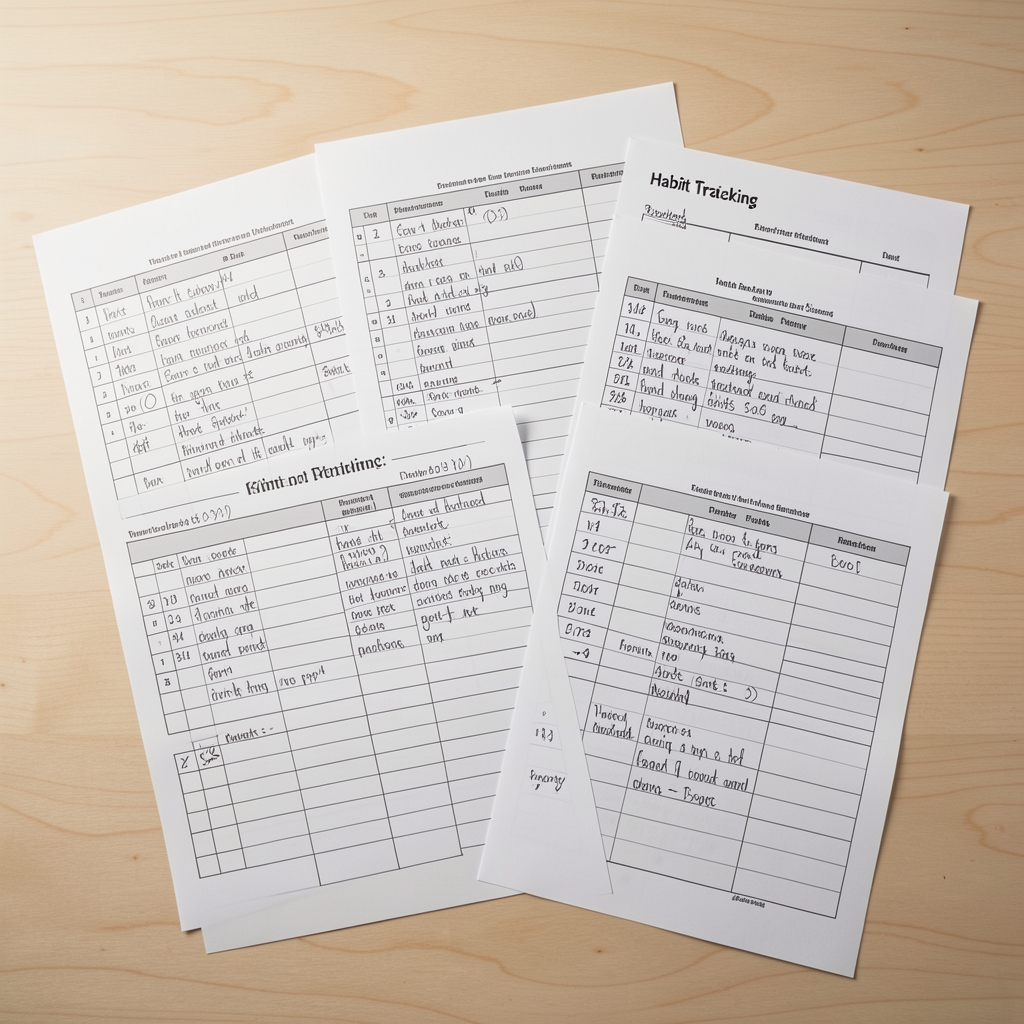 Flat lay of handwritten habit-tracking sheets with annotated daily logs spread across a light wooden surface under studio lighting