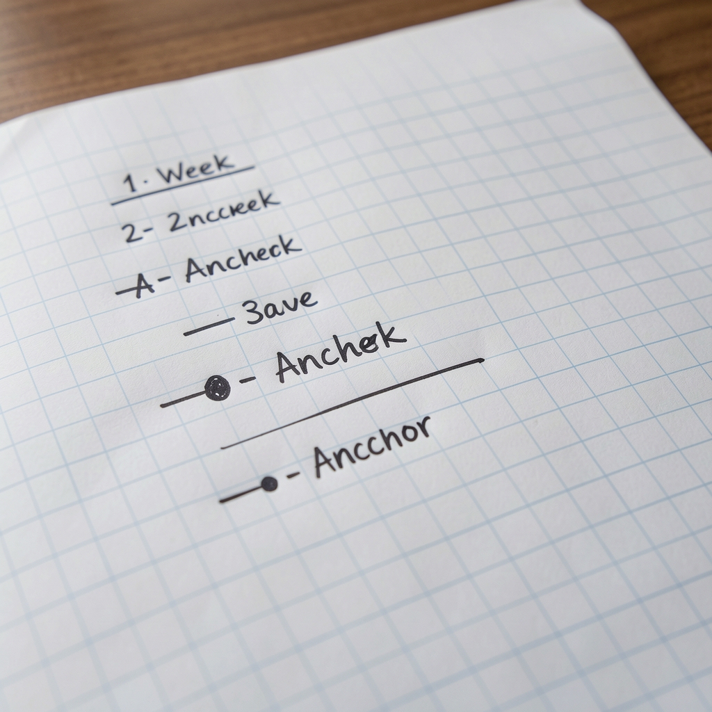 Close-up of a handwritten timeline on graph paper showing a twelve-week habit formation schedule with marked anchor points