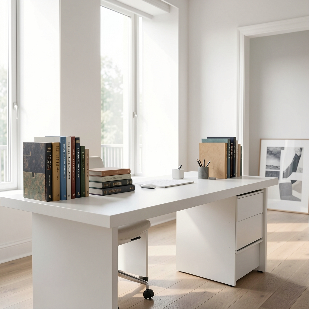 Interior view of the Tarlone London workspace with a clean white desk, natural daylight through tall windows and stacked reference books