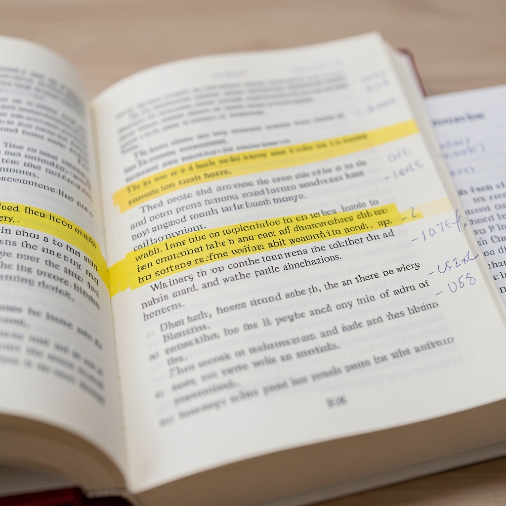 Close-up of an open reference book on habit formation theory with highlighted passages and margin notes in pencil