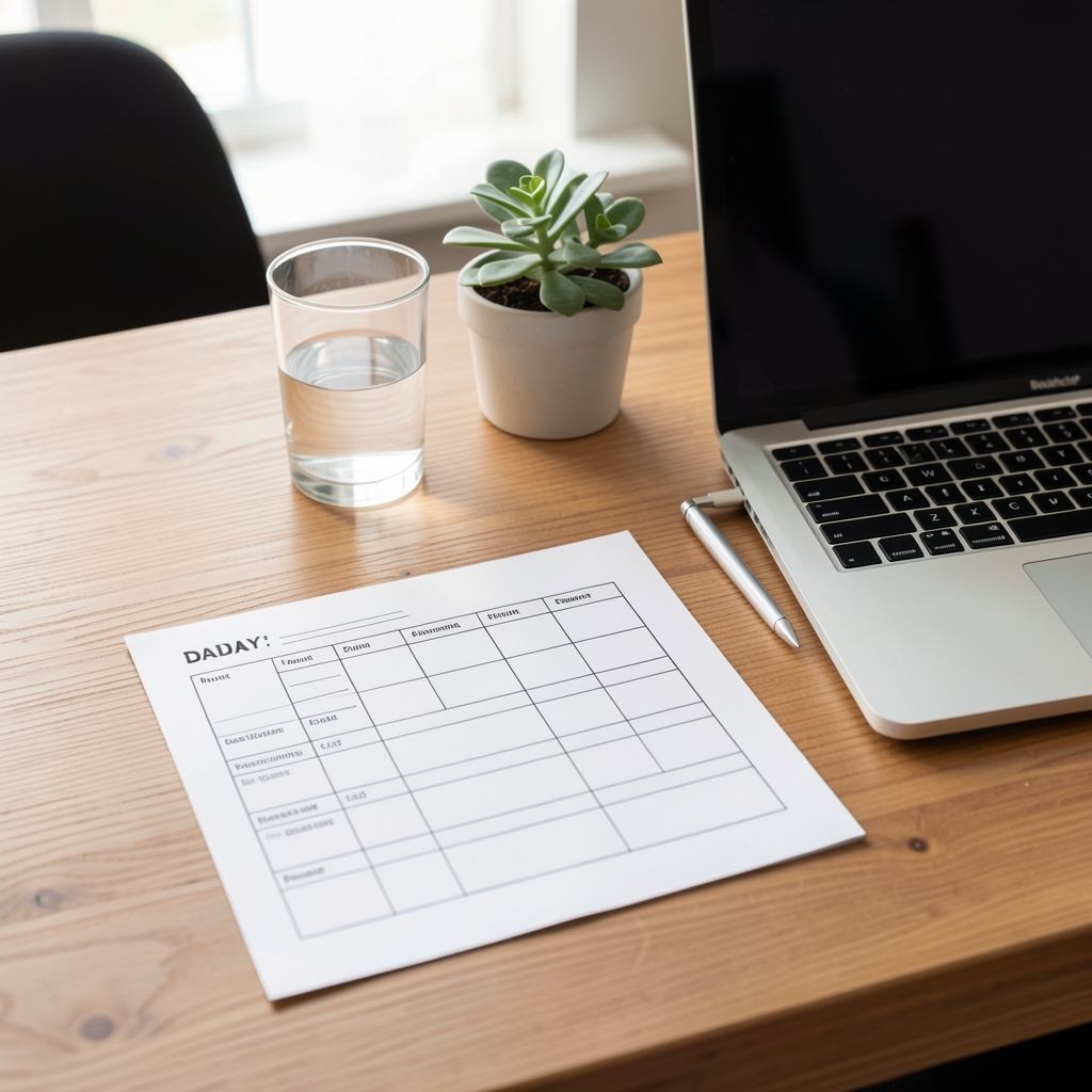 A wooden desk surface with a printed daily schedule template, a glass of water and a small potted plant beside a laptop in a tidy workspace