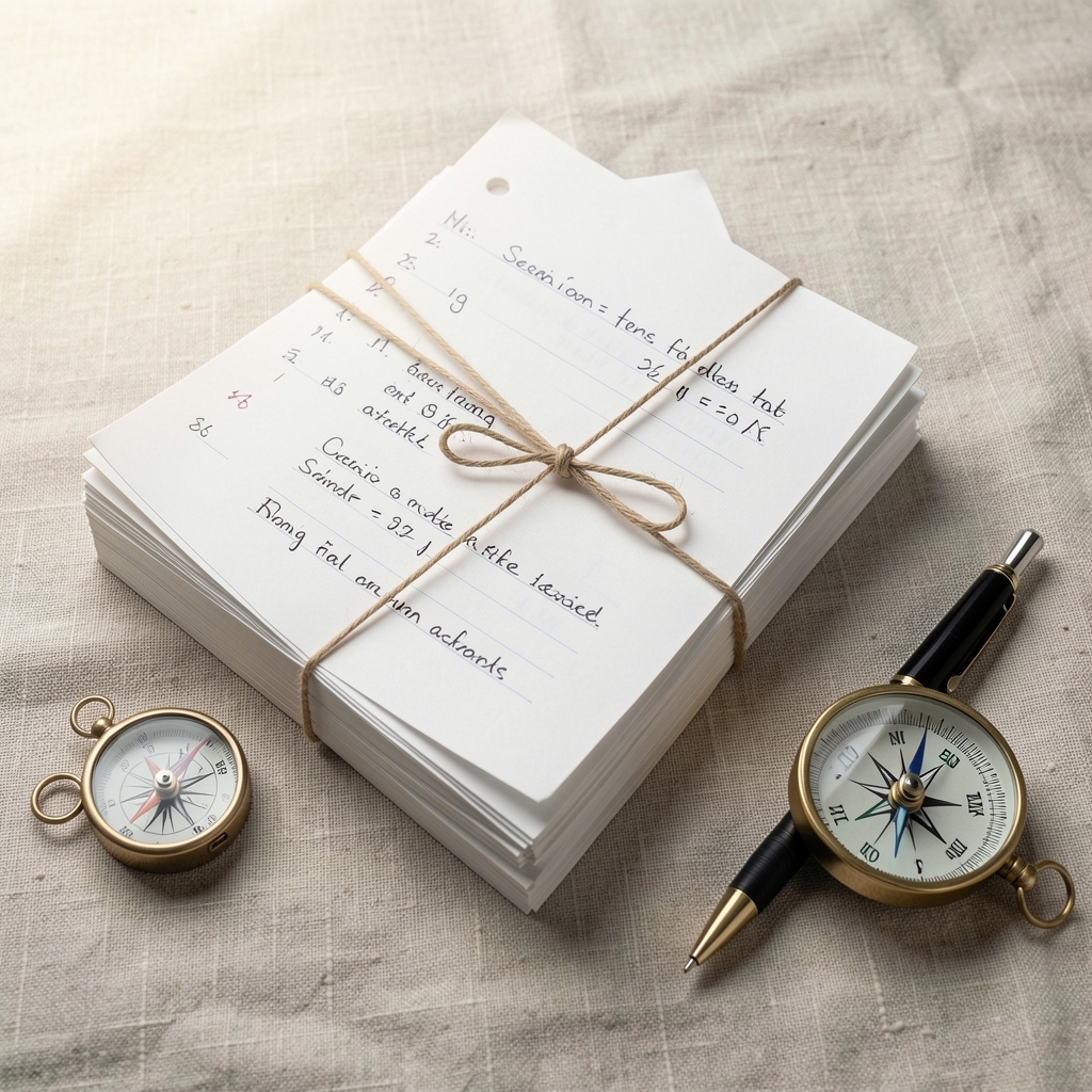 Stack of annotated session notes bound with a rubber band resting on a pale linen surface beside a small compass and pen