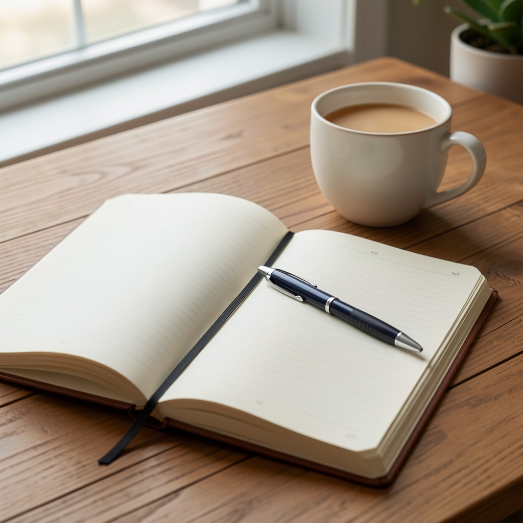 Open journal and pen resting on a wooden desk beside a morning cup, representing the daily journaling habit for behaviour change