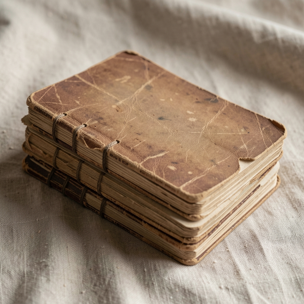Stack of worn field notebooks on a linen surface representing the documentation of personal habit change over time