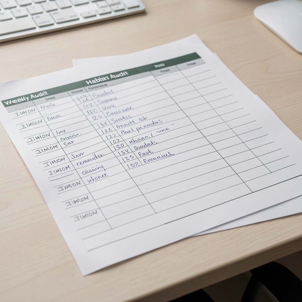 Handwritten habit audit notes spread across a clean desk surface, showing a weekly pattern log with time markers