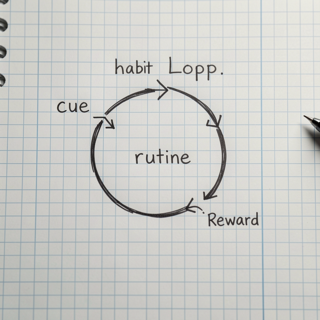 Diagram showing a three-part habit loop drawn in pen on graph paper, annotated with cue, routine, and reward labels