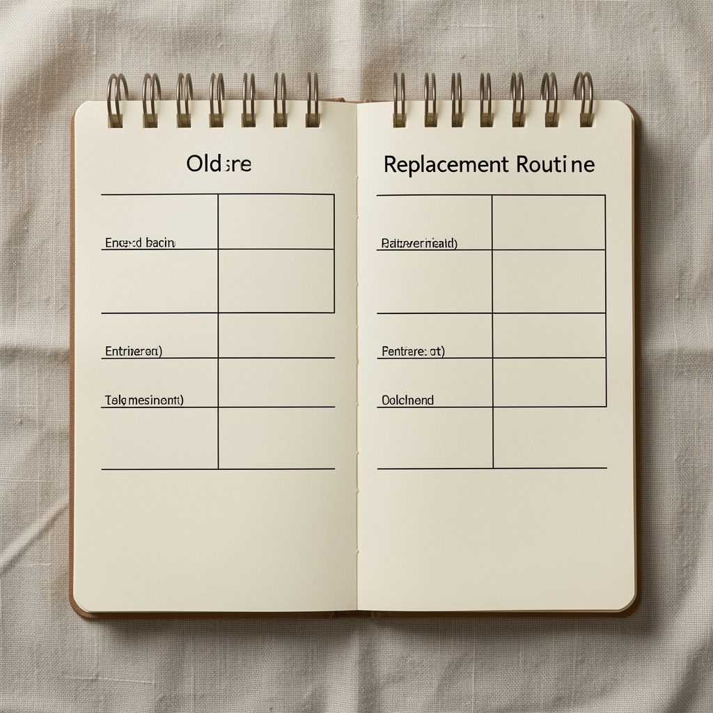 Two-column comparison table on a notepad comparing old routine against replacement routine entries, viewed from above on a linen cloth