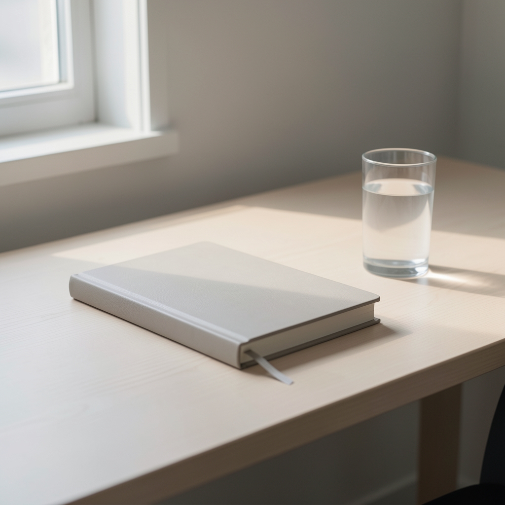 Minimalist desk setup with intentionally placed journal, water glass, and absence of phone, photographed in natural morning light