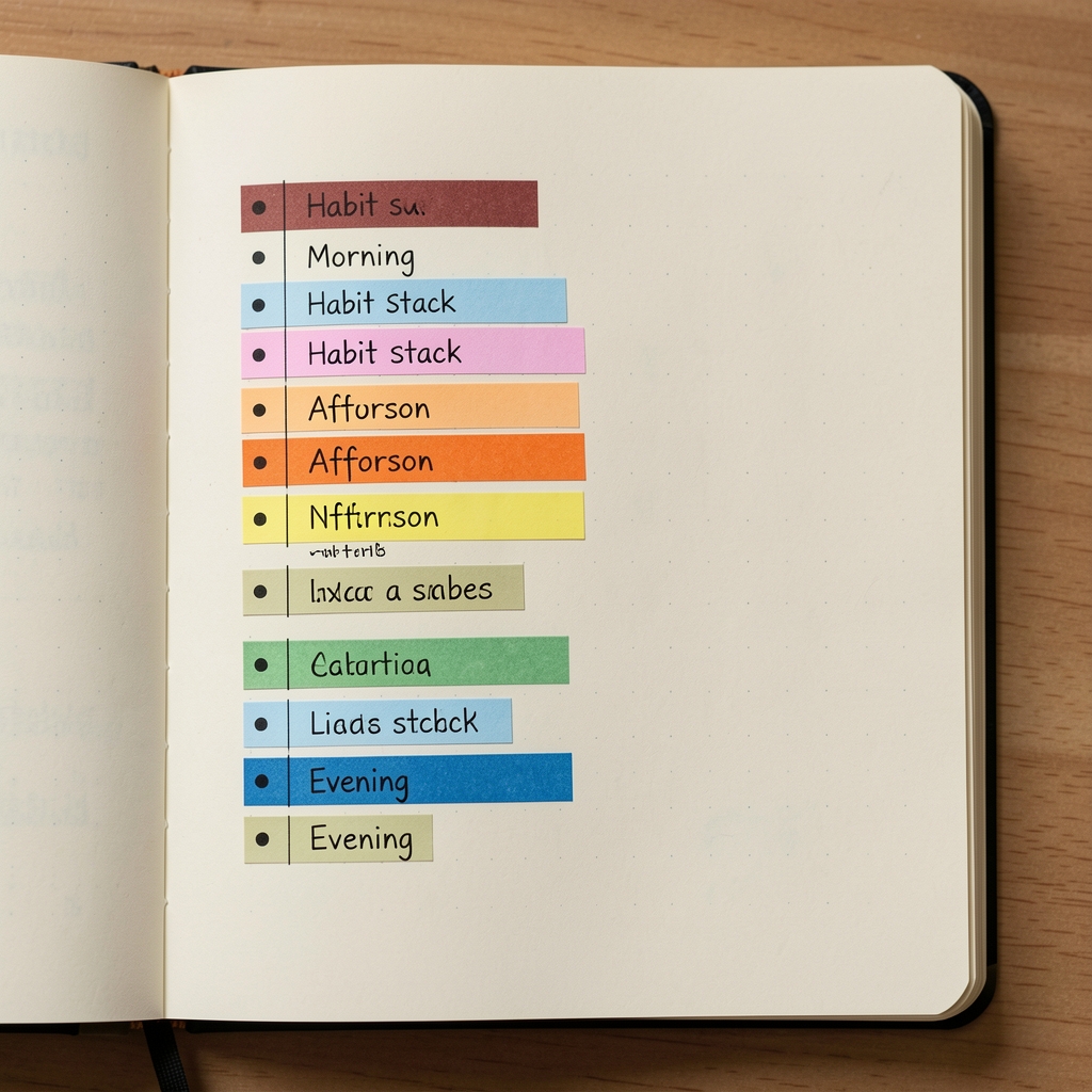 Sequential checklist written in a bullet journal with colour-coded habit stack entries grouped by morning, afternoon, and evening