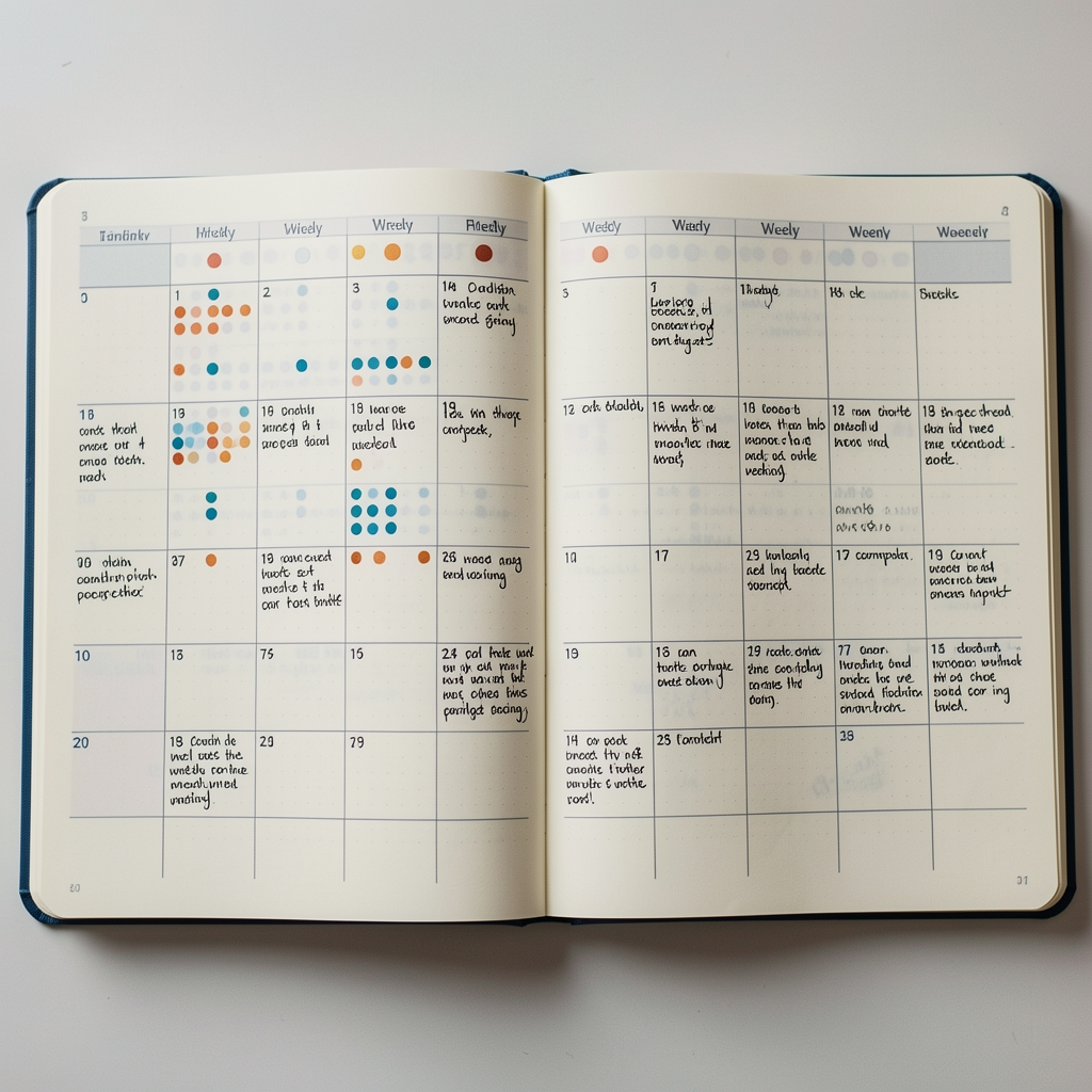 Open habit tracker spread across two journal pages showing weekly completion dots and brief written annotations over twelve weeks