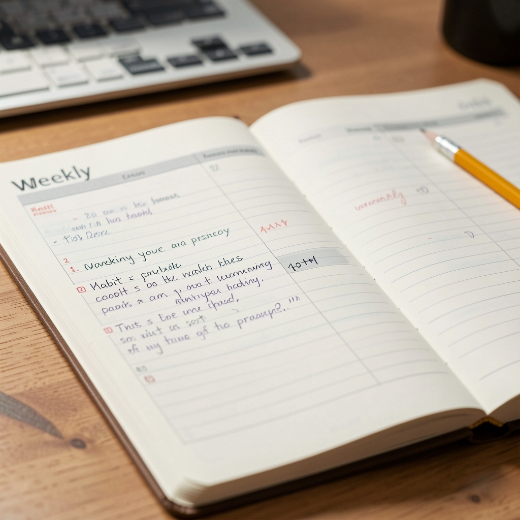 Close-up of a weekly planner laid open on a desk with handwritten habit-tracking notes and a pencil