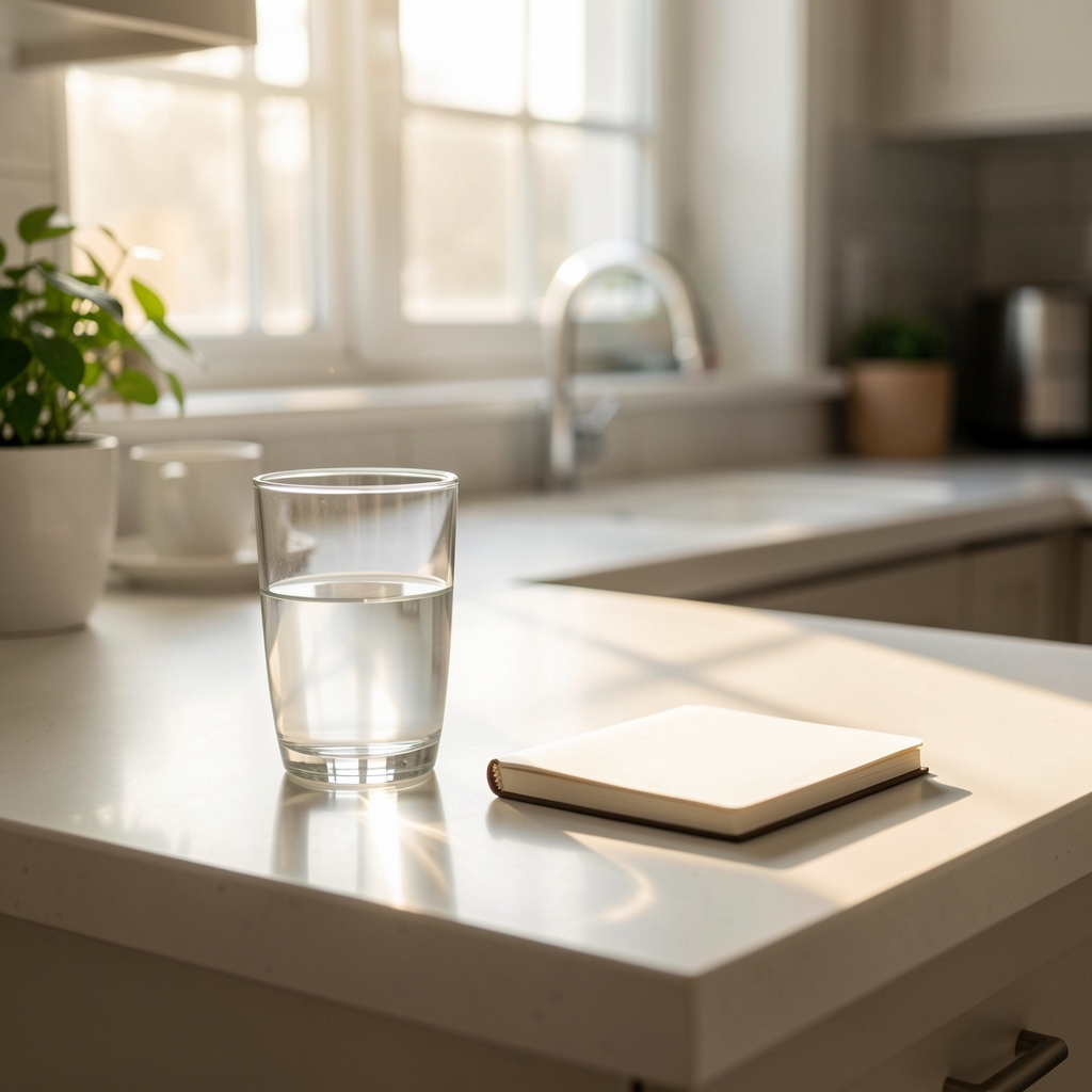 Morning light falling across a tidy kitchen counter with a glass of water and a small notebook representing a mindful morning routine