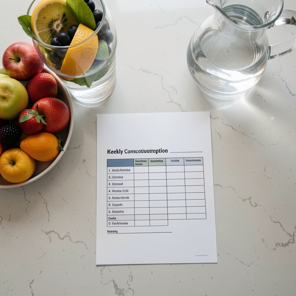 Overhead photograph of a kitchen counter with fresh fruit a water carafe and a printed weekly consumption log representing mindful eating habits