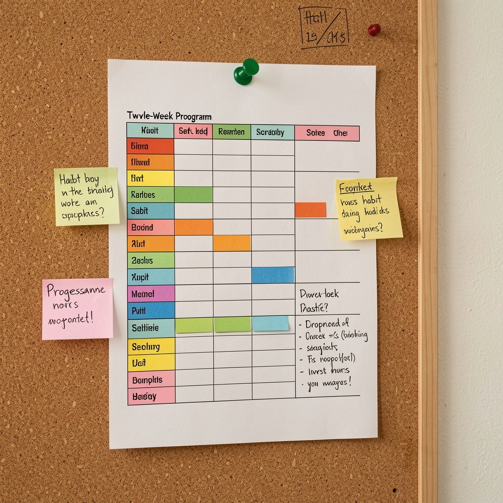 A twelve-week printed programme schedule pinned to a corkboard with colour-coded habit tracking annotations and progress notes
